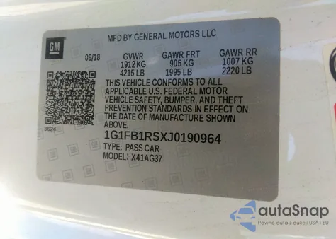 2018 Chevrolet Camaro Lt from USA, damaged, VIN 1G1FB1RSXJ0190964